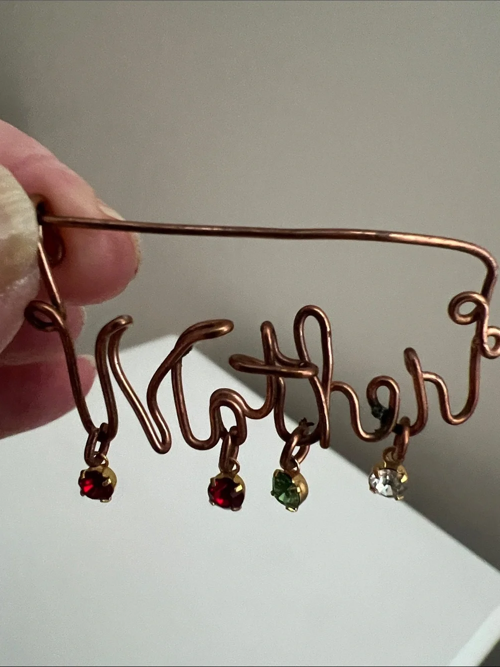 Vintage Copper 'Mother' Wire Brooch Pin with Colored Crystal Drops
